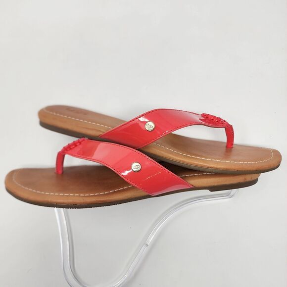 Ugg Thong Sandal Women's 9 Tuolumne Patent Flip Flop Neon Pink Logo Rivet EUC - Picture 9 of 11